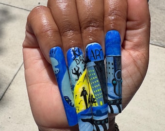 The Ascent of Ethiopia Gel Press on Set | Harlem Renaissance Inspired Black History Painting Press on Nails | 3XL Square Blue Painting |