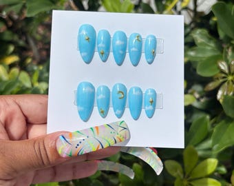 Brittany’s When Night Falls or Day Breaks Gel Press on Nails | Blue/Purple Almond Color Changing Press on Nails | Moon & Star Sky Nails |