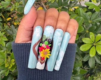 Love Yours Acrylic Press on Nails | 3D Square Portrait of Woman Pouring Water on Garden Face & Self Love Potion | Pink/Blue Cloud Painting