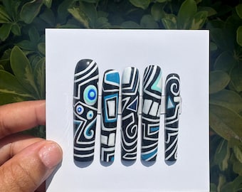 Katheryn’s Jacket Gel Press on Nails | 3XL Square Black/White/Green/Blue Abstract Press on Nails | Abstract Minimalist Shapes Handmade Nails