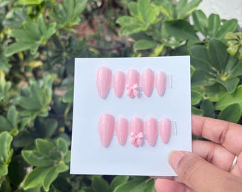 Bri’s Ballet Slipper Gel Press on Nails | Medium Almond Pink Glitter Pink Bow Nails | Handmade Handpainted Pink Press on Nails Reusable