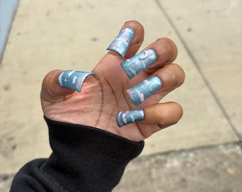 Pastel Clouds Acrylic Press on Nails | Long Iridescent Duck Shape Blue Sky Pink Clouds 3D Moon Nails | Handpainted Sky & Cloud Nails