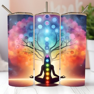 Envoltura para vaso de chakras, árbol de la vida PNG, diseño de sublimación para vaso delgado de 20 oz para yoga, descarga instantánea
