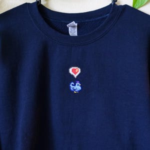 Hand-Stitched Stardew Valley Happy Chicken Sweatshirt, Navy Blue Cross-Stitch Cozy Gaming Sweatshirt