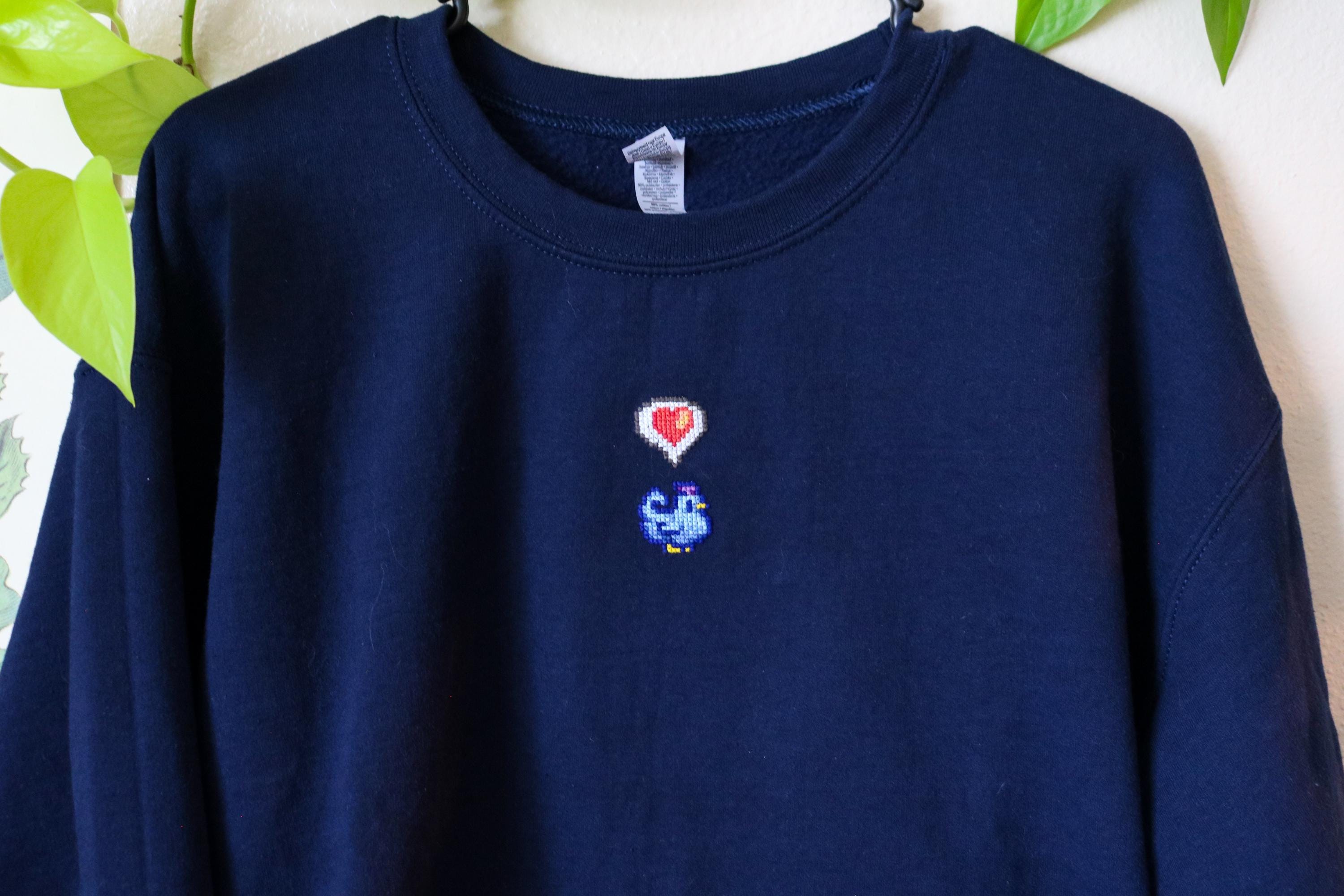 Hand-Stitched Stardew Valley Happy Chicken Sweatshirt, Navy Blue Cross-Stitch Cozy Gaming Sweatshirt