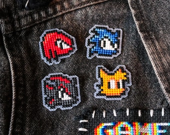Handmade Sonic the Hedgehog Pin, Miles Tails Prower, Knuckles the Echidna, Shadow the Hedgehog Cross-Stitch Pin