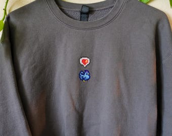 Hand-Stitched Stardew Valley Happy Chicken Sweatshirt, Gray Cross-Stitch Cozy Gaming Sweatshirt
