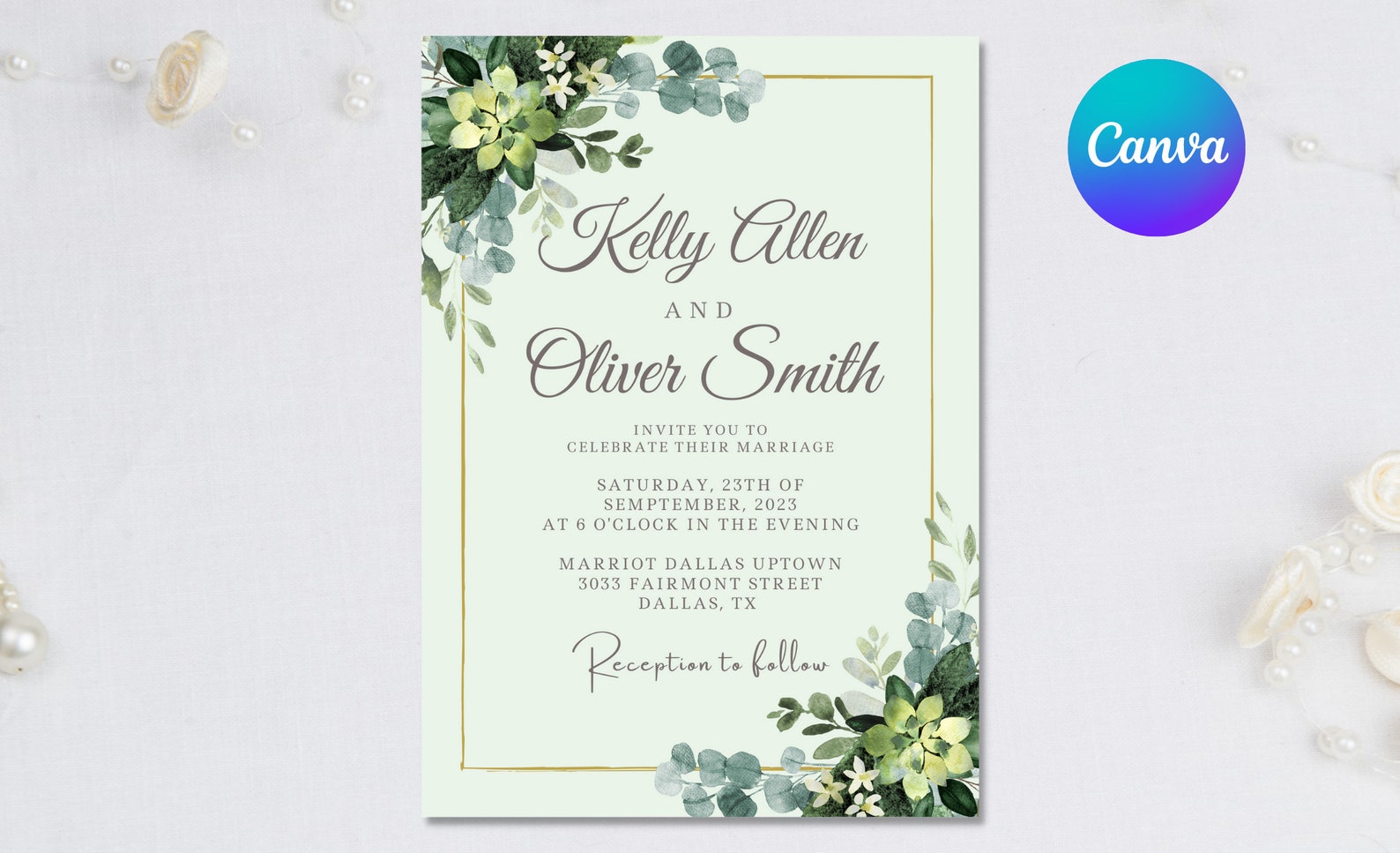 Mint Green Wedding Invitation Template Canva Template - Etsy