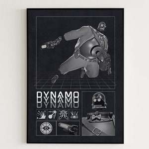 Op de afbeelding: Zwart-wit ingelijste kunstdruk met een futuristisch figuur in een pak, knielend met een wapen. Het woord "DYNAMO" wordt weergegeven in vette, gestileerde tekst. Extra grafische elementen en pictogrammen zijn inbegrepen.