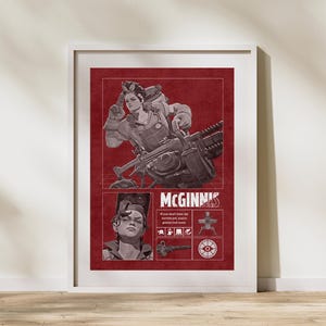 Peut inclure: Affiche encadrée avec un fond rouge, présentant une illustration stylisée d'un personnage avec une arme. L'affiche comprend le nom "MCGINNIS" et d'autres éléments graphiques, lui donnant un aspect vintage.