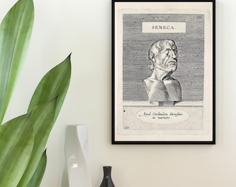 May include: Black framed print featuring a detailed black and white illustration of a bust of Seneca. The print includes the name "SENECA" at the top and Latin text at the bottom. The artwork is displayed on a white background.