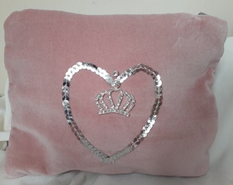 Pink velvet silver sequin crown diamante design make-up bag