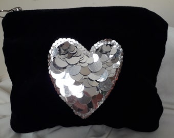 Black Velvet Silver Sequin Heart Design Make-up Bag