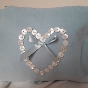 Vintage look light blue luxury soft cotton velvet mother of pearl button heart design rectangular make up cosmetics bag pouch.