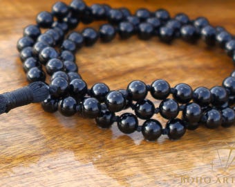 Black Obsidian Mala Necklace - Hand-Knotted 108 Meditation Beads With Silk Tassel