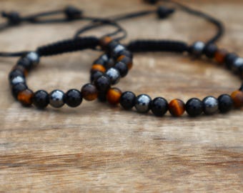 Black Obsidian, Tiger Eye, Hematite Triple Protection Minimalist Bracelet, Natural Crystal Dainty Bracelet,Health Bracelet, Healing Crystals