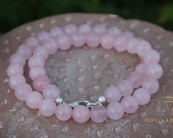 Rose Quartz Necklace, Natural Pink Gemstone Beaded Choker, Waterproof Crystal Healing Jewelry, Dainty Boho Chic Handmade Gift for Her .
