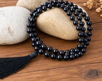 Black Onyx Mala Necklace 108 Beads, Natural Black Onyx Prayer Beads, Meditation Mala, Yoga Japa Mala, Spiritual Jewelry, Healing Gemstone