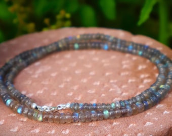 Labradorite Necklace - Smooth Rondelle Beads 4mm, 5mm - Blue Fire Healing Gemstone Jewelry - Minimalist Sterling Silver Handmade Gift