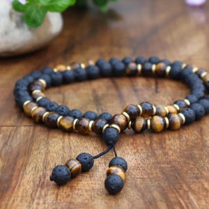 Tiger&#39;s Eye & Black Lava Mala Necklace: Men&#39;s Protection Jewelry