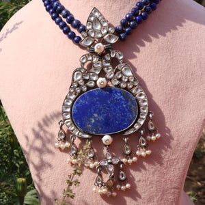 Statemate lapis lazuli & pearl choker-22k gold diamond necklace with oversized natural lapis lazuli pendant-elegant gemstone jewelry gifts