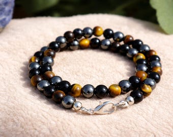 Minimalist Triple Protection Crystal Necklace | Natural Stone Dainty Choker | Black Obsidian | Tiger's Eye | Hematite .