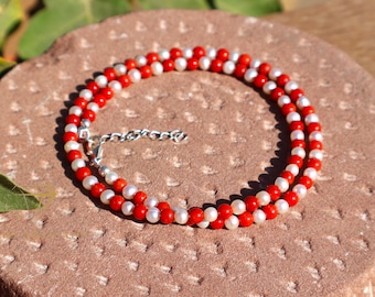 Natuurlijke rode koraal en parelketting | Echte rode koraal kralenketting | Parel edelsteen sieraden | Rode koraal ketting voor dames | Boho