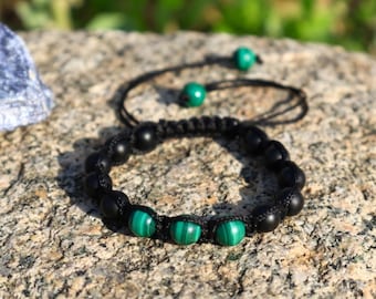 Malachite Black Onyx Bracelet | Adjustable Gemstone Bracelet | Green Malachite Beaded Macrame Jewelry | Protection Gift for Him Her