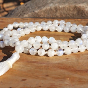 Natural 8mm Rainbow Moonstone Mala - 108 Bead Prayer Necklace for Meditation and Healing - White Crystal Mala Beads - zen Jewelry -Long Mala