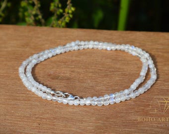 White Moonstone Beaded Minimalist Dainty Choker - Natural Gemstone Beads Necklace - Crystal Women Boho Style Choker - Healing Jewelry Gift