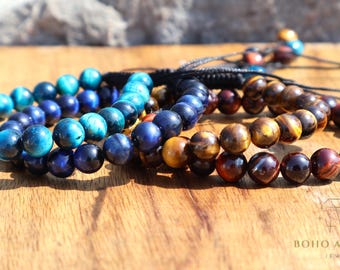 Triple Protection Bracelet | Natural Gemstone Crystal Bracelet for Energy, Strength and Balance | Adjustable Healing Jewelry .