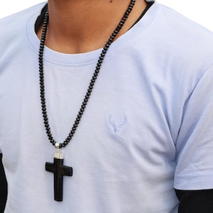 Black Onyx Necklace - Cross Pendant Necklace - Mens Jewelry - Beaded Choker for Men - Boho Style