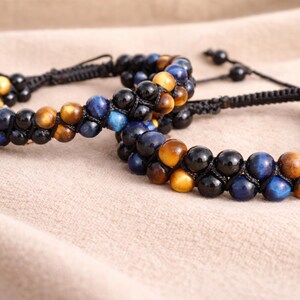 Triple Protection Bracelet: Tiger Eye, Hematite, Obsidian Gemstone Beads, Healing Bracelet for Her and Him