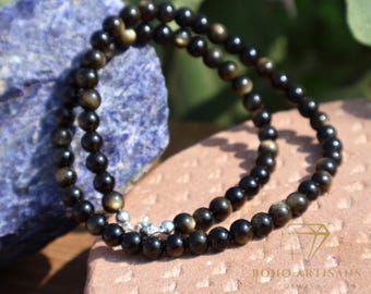 Golden Obsidian Necklace | Black Gemstone Beaded Necklace | Protection Crystal Jewelry | Natural Golden Sheen Obsidian Necklace | Gift