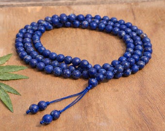 Lapis Lazuli Mala Necklace 108 Beads | Hand - Knotted Meditation Mala | Healing Crystal Prayer Beads | Wisdom Stone Yoga Jewelry Gift
