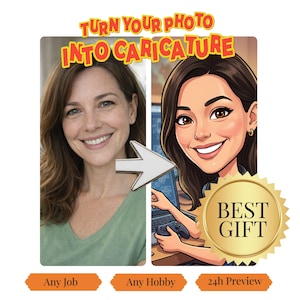 May include: Image showing a before-and-after comparison of a photo and a cartoon caricature. The text "TURN YOUR PHOTO INTO CARICATURE" is at the top. The image includes the text "BEST GIFT", "Any Job", "Any Hobby", and "24h Preview".