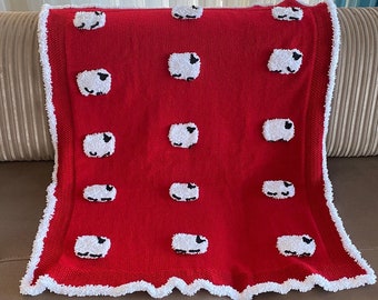 Red Knit Baby Blanket: Soft Crochet with Sheep - Nursery Decor