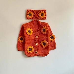 Cozy Orange Chunky Sweater & Headband Set – Hand‑Knitted Toddler Girl Outfit – Chunky Knit Cardigan with Matching Headband – Perfect Gift