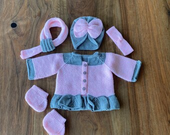 Hand Knitted Baby Girl Cardigan, Hat, Scarf, Headband and Bootie | 3-6 months Baby Girl Outfit | Gift Set for Baby Girl, 5-piece set