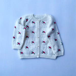 Hand Knitted Baby Cardigan: White Wool Floral Outfit (18-24 Months)