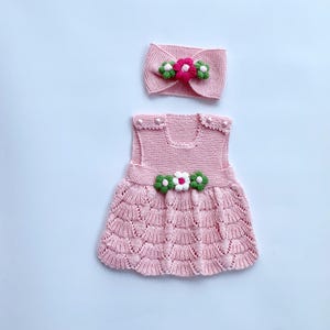 Hand Knitted Baby Girl Dress: Pink Cotton Flower Design