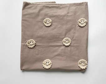 Hand-Sewn Flannel Baby Blanket: Beige with Crochet Lambs