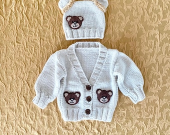Hand-Knitted Baby Cardigan Hat Set: Beige Wool Bear Motif