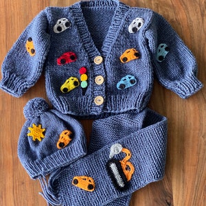Hand-Knitted Boy Cardigan Set: Car Appliqué Hat, Scarf, Outfit