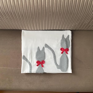 Handmade Cotton Baby Blanket: Gray Crochet Cats, Red Bows