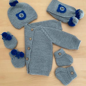 Hand-Knitted Baby Boy Set: Gray Cardigan, Pompom Hat, Scarf, Mittens & Booties (6-12M)