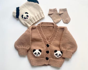 Knit Panda Unisex Cardigan Set - Handmade Child Outfit with Hat and Socks, 3-4-5 Years