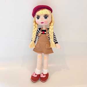 Handmade Crochet Amigurumi Doll: Braided Blonde Hair, Burgundy Beret