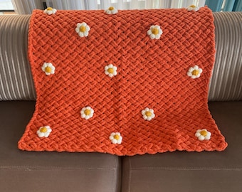 Hand Knitted Orange Baby Blanket with Daisy Flowers