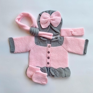 Hand Knitted Baby Girl Cardigan, Hat, Scarf, Headband and Bootie | 0-6 months Baby Girl Outfit | Gift Set for Baby Girl, Baby Shower Gifts